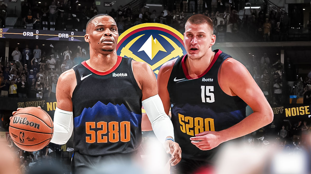 Nuggets point guard Russell Westbrook next to Nuggets center Nikola Jokic & the Nuggets logo
