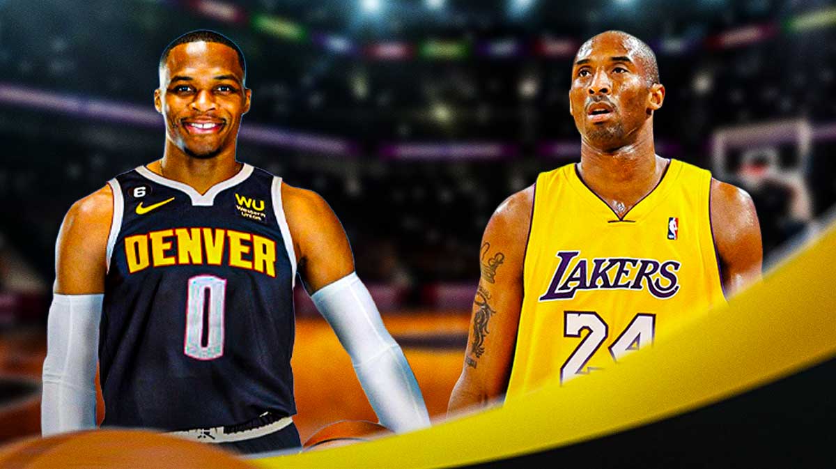 Denver Nuggets star Russell Westbrook and Kobe Bryant in front of Ball Arena.