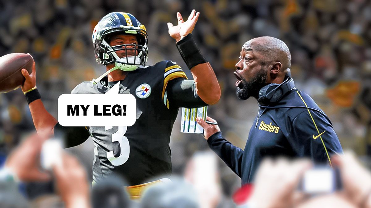 Russell Wilson with a speech bubble yelling, "My leg!" with Mike Tomlin beside him featuring a Steelers-themed BG.