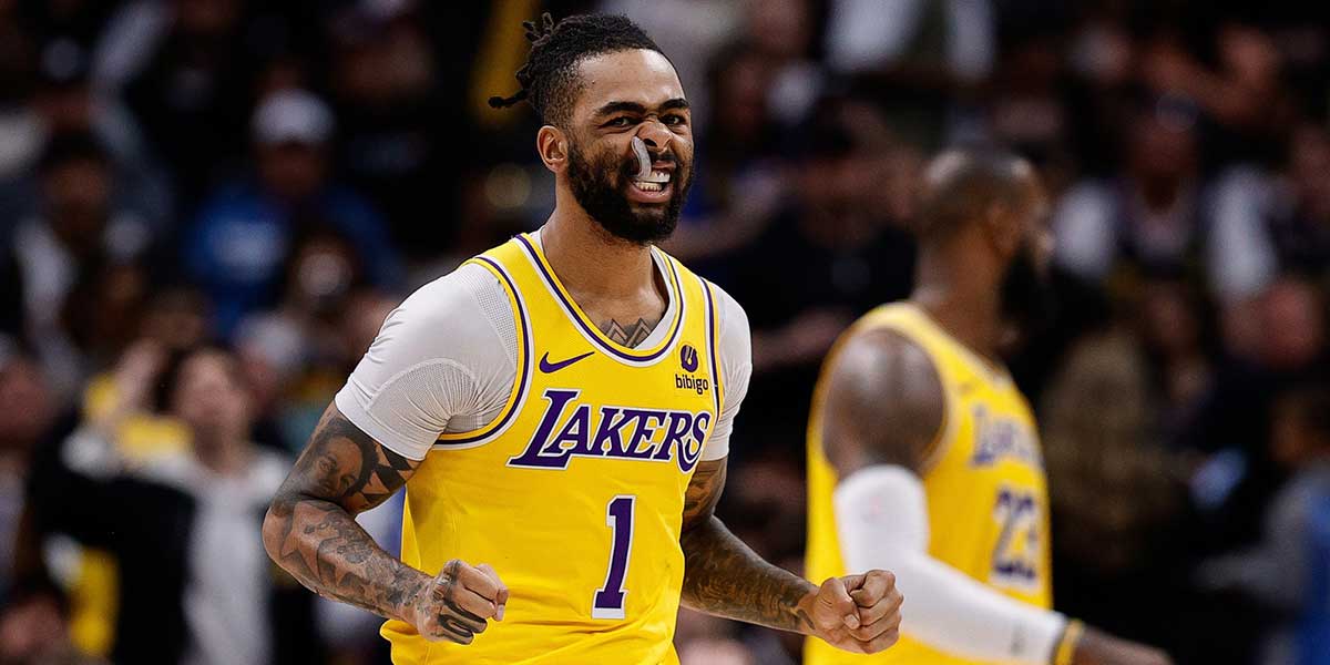 Los Angeles Lakers guard D'Angelo Russell (1) reacts after a play in the third quarter against the Denver Nuggets during game five of the first round for the 2024 NBA playoffs at Ball Arena.