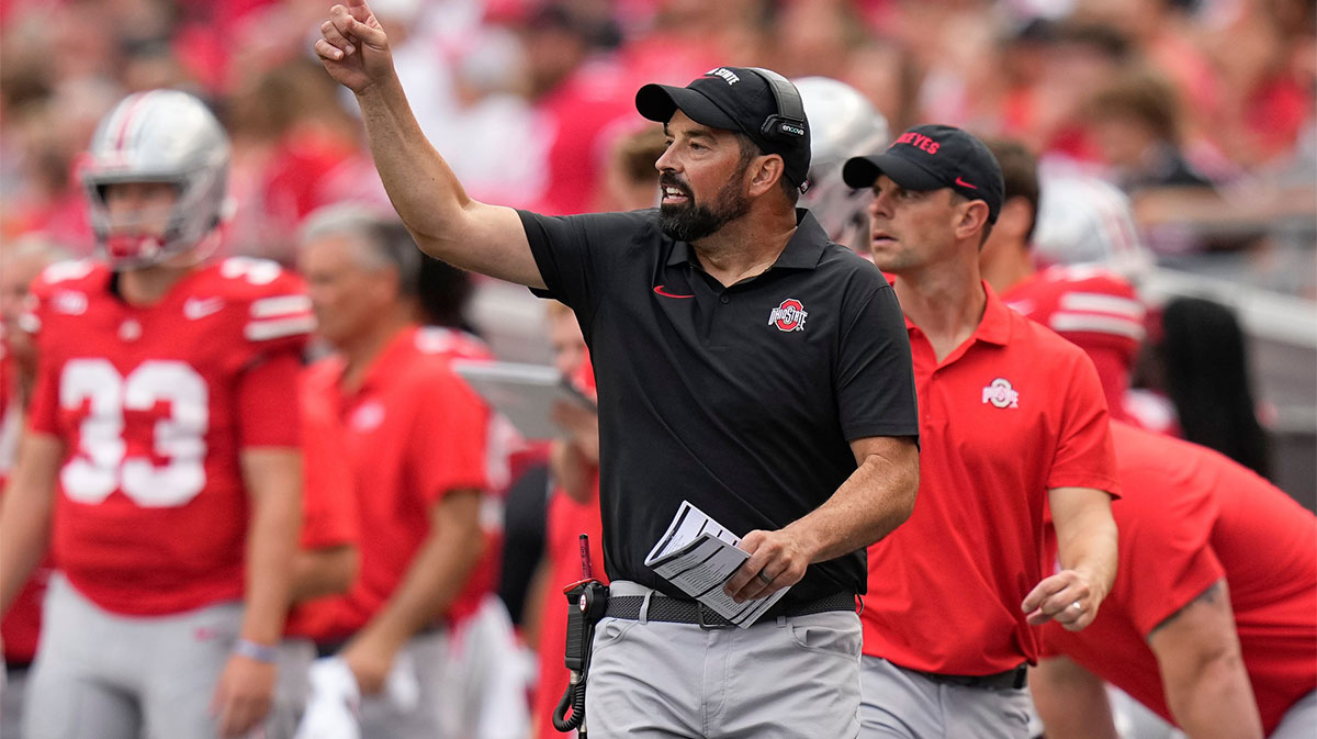 Aug 31, 2024; Columbus, OH, USA; Ohio State Buckeyes head coach Ryan Day motions from the sideline during the NCAA football game at Ohio Stadium. Ohio State won 52-6.