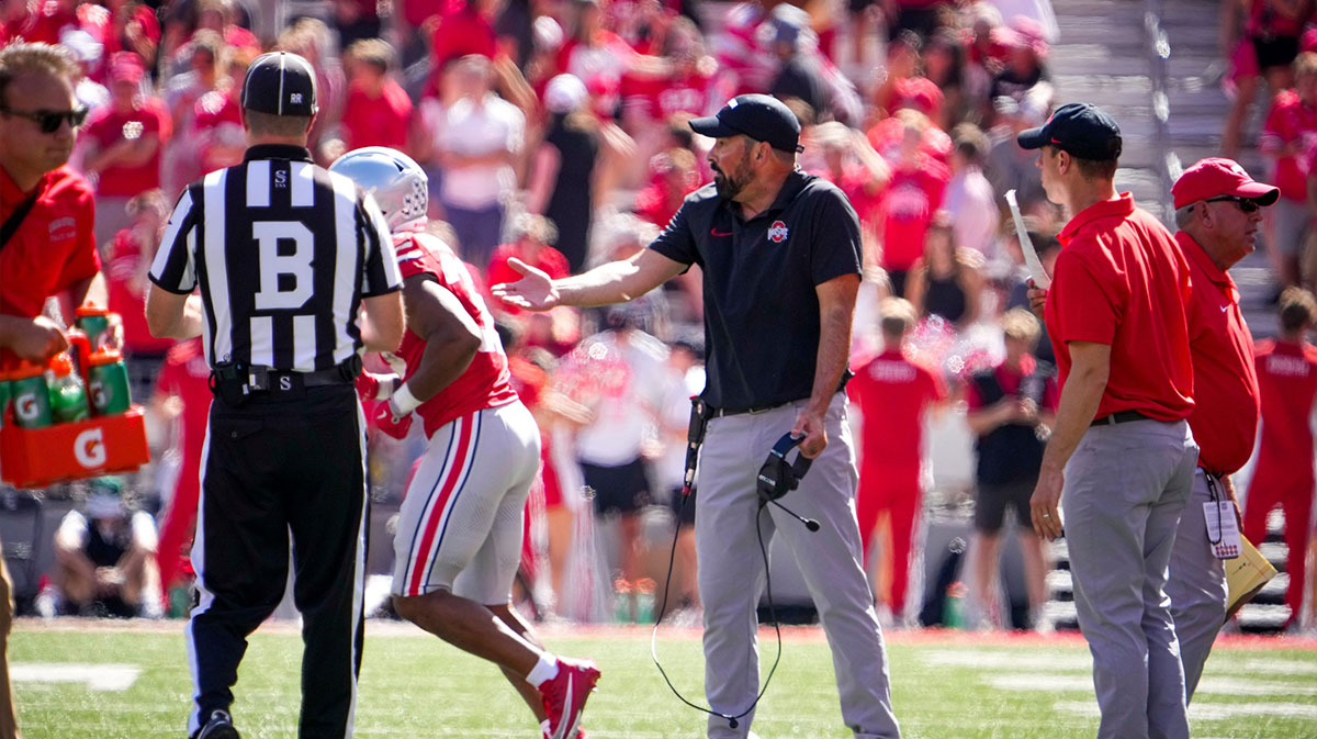 Ohio State Buckeyes head coach Ryan Day reacts to the referee after receiving an unsportsmanlike conduct penalty in the second half at Ohio Stadium on Saturday.