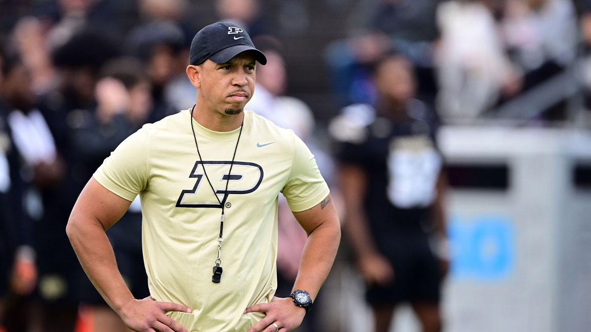 Sep 28, 2024; West Lafayette, Indiana, USA; Purdue Boilermakers head coach Ryan Walters stands on the field during warm ups before a game against the Nebraska Cornhuskers at Ross-Ade Stadium.