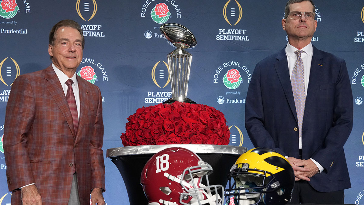 Former Alabama football coach Nick Saban and former Michigan football coach Jim Harbaugh