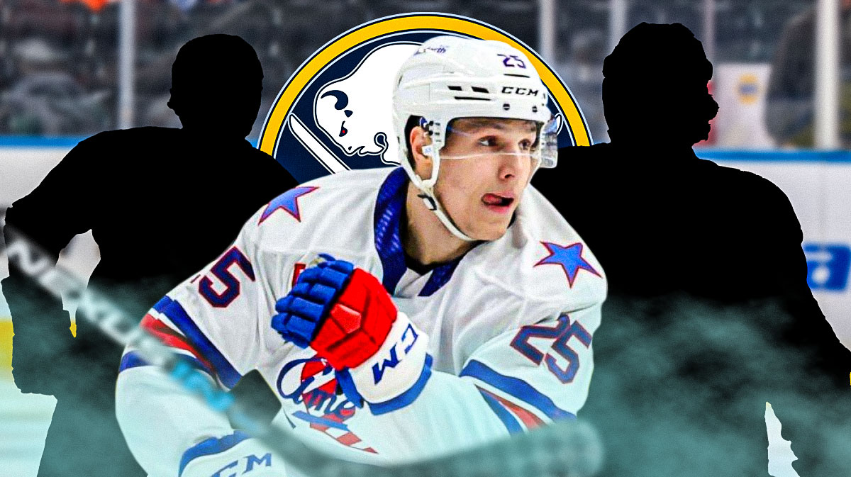 Jiri Kulich in image, two silhouetted Buffalo Sabres players (2 different players please), Buffalo Sabres logo, hockey rink in background