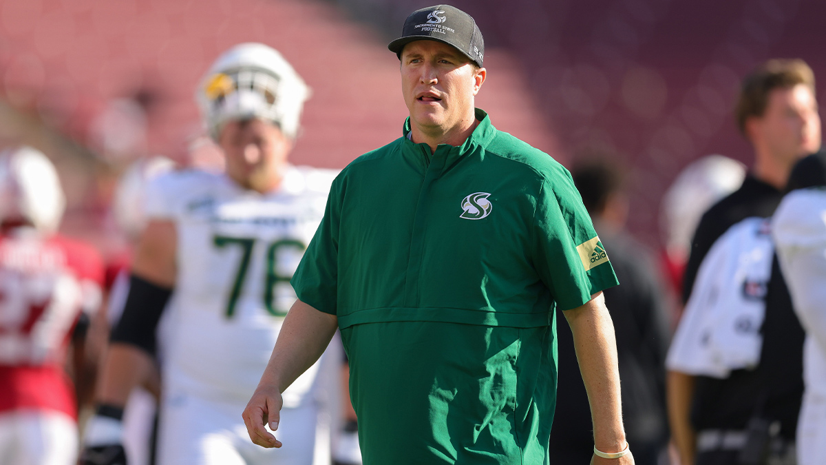 Sacramento State Hornets head coach Andy Thompson before the game against the Stanford Cardinal sat Stanford Stadium.