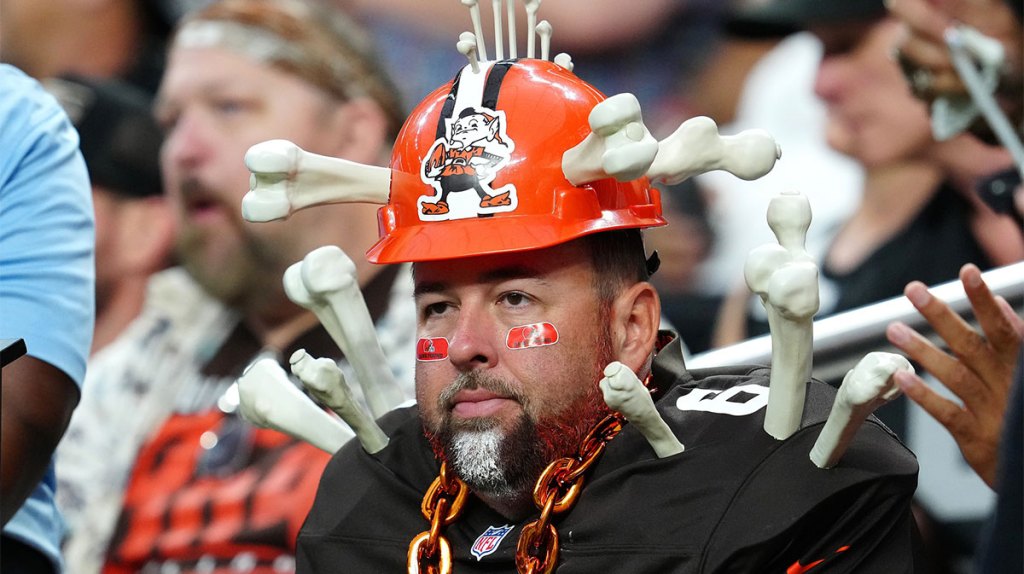 A Cleveland Browns fan reacts to a play between the Browns and the Las Vegas Raiders during the second quarter at Allegiant Stadium. 