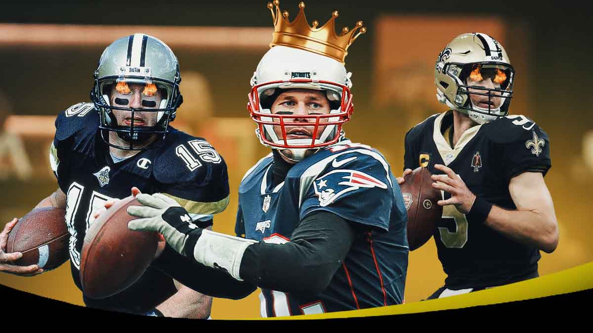 Saints Cam Jordan and Drew Brees with Patriots Tom Brady