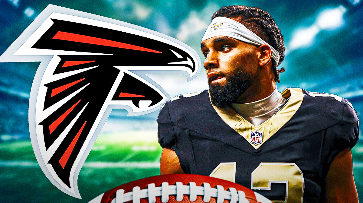Chris Olave face-off with Falcons logo.
