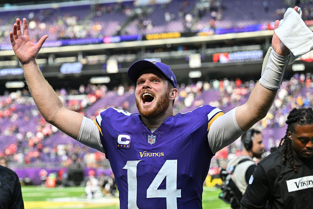 Minnesota Vikings quarterback Sam Darnold (14) reacts after the game against the San Francisco 49ers at U.S. Bank Stadium.