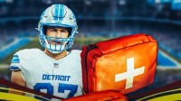 Sam LaPorta in a Lions jersey with a first-aid kit.