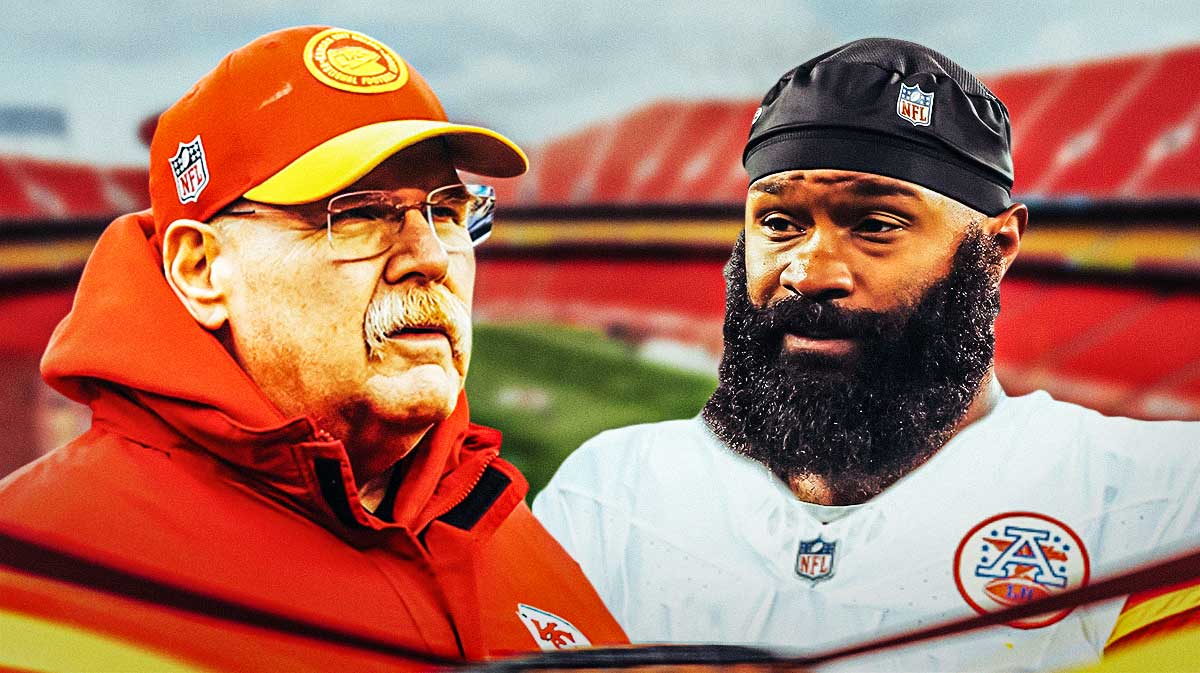 Samaje Perine and Andy Reid in front of Arrowhead