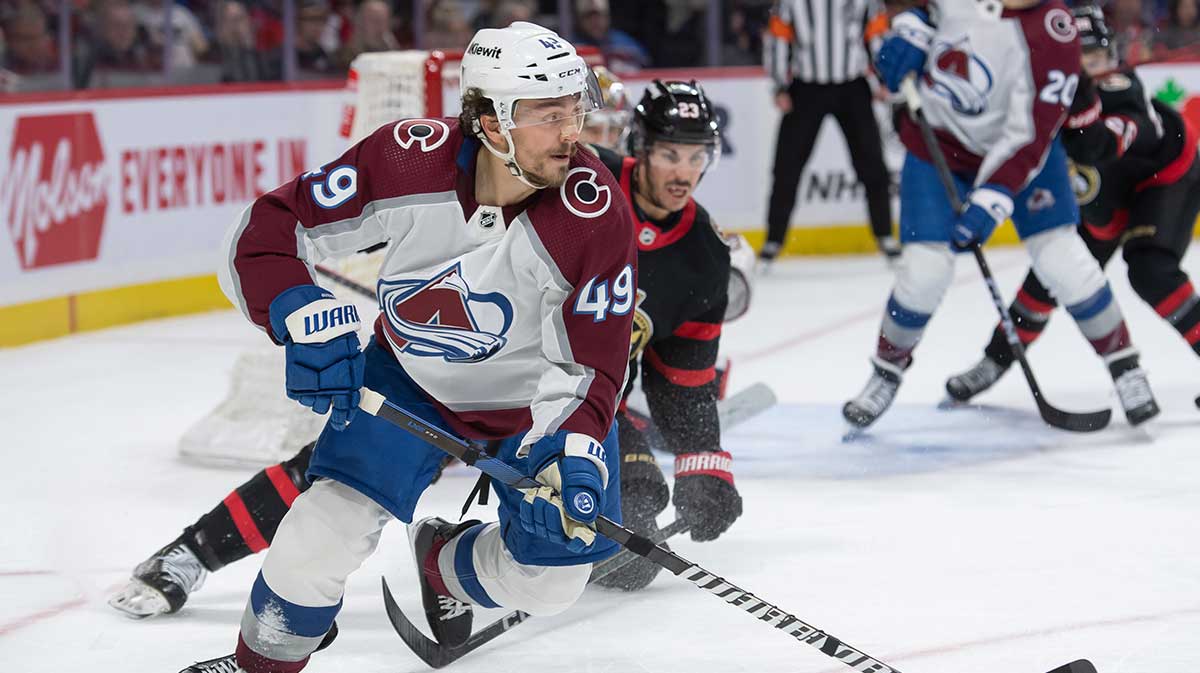 Colorado Avalanche defenseman Samuel Girard (49) skates with the puck in the second period against the Ottawa Senators at the Canadian Tire Centre.