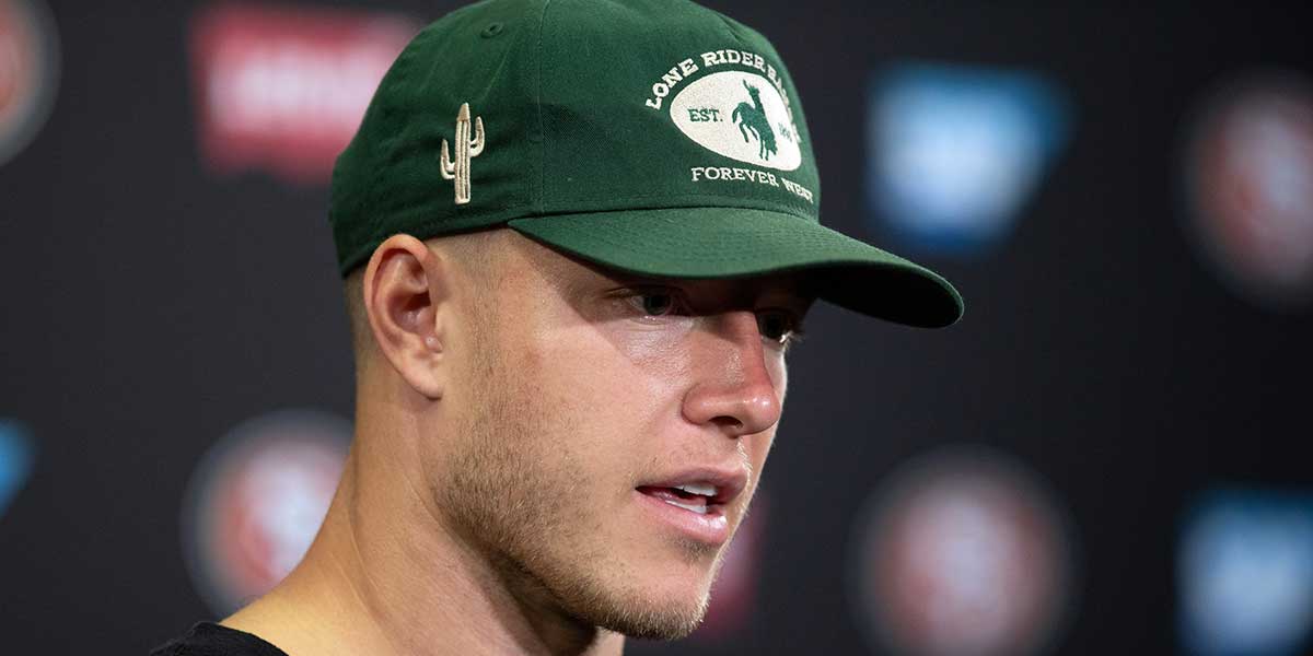 San Francisco 49ers running back Christian McCaffrey answers questions at a press conference following Day 3 of training camp at SAP Performance Facility.