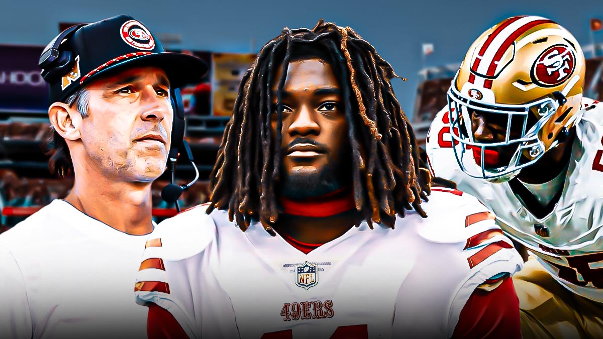 Kyle Shanahan, Brandon Aiyuk, and Leonard Floyd in front of Levi Stadium.