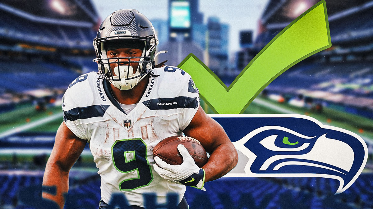 Seahawks' Kenneth Walker III next to a big green check mark and a Seahawks logo