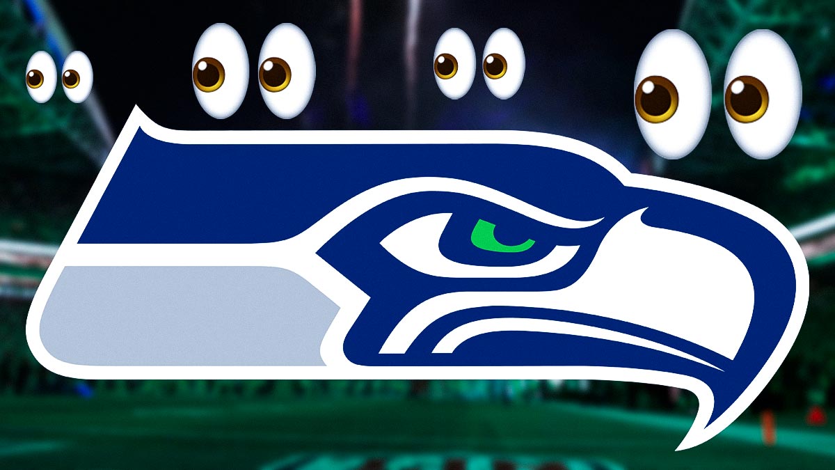 Seahawks, eyes emojis above, Lumen Field in back
