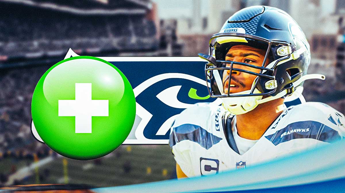 Seattle Seahawks wide receiver Tyler Lockett with a green injury symbol. There is also a logo for the Seattle Seahawks.