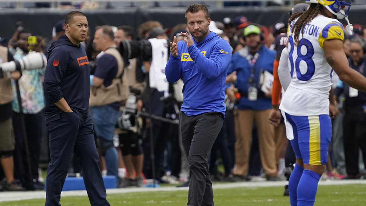 Los Angeles Rams head coach Sean McVay on the field before the game against the Chicago Bears at Soldier Field.