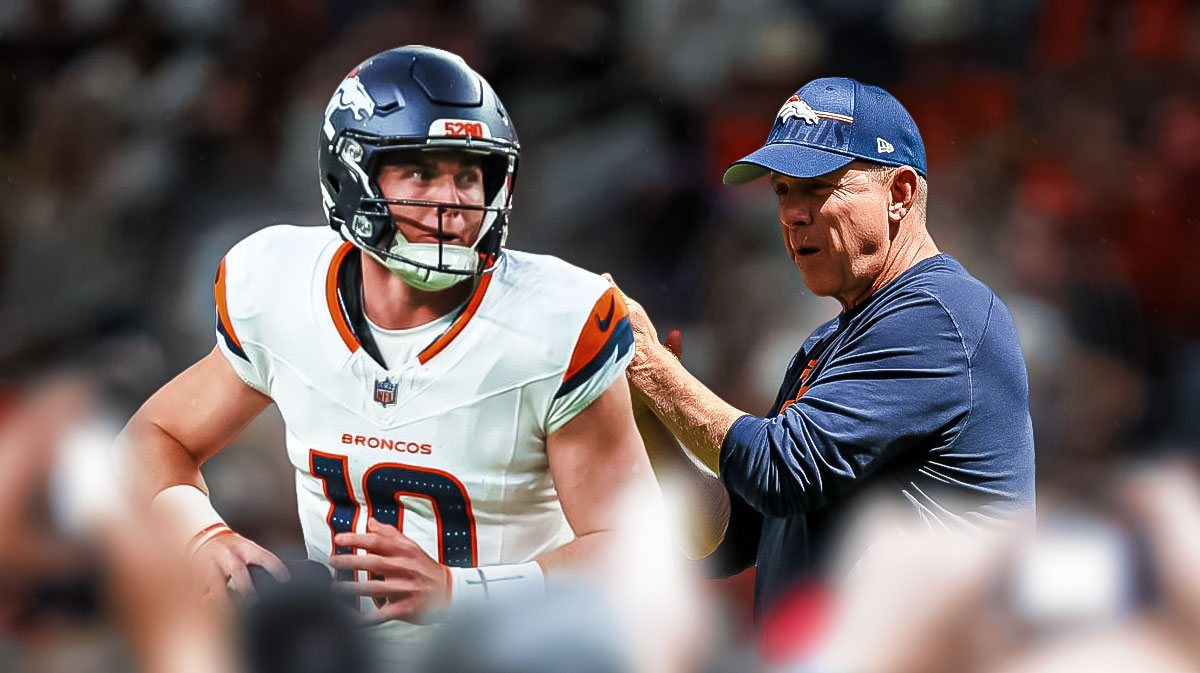 Sean Payton giving a thumbs up at Bo Nix with a Broncos-themed background.