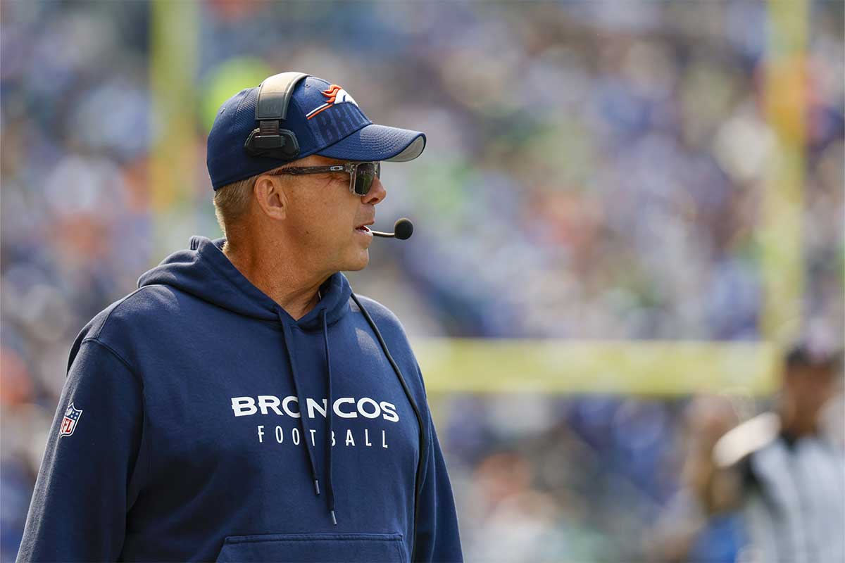 Denver Broncos head coach Sean Payton stands on the sideline during the first quarter against the Seattle Seahawks at Lumen Field.