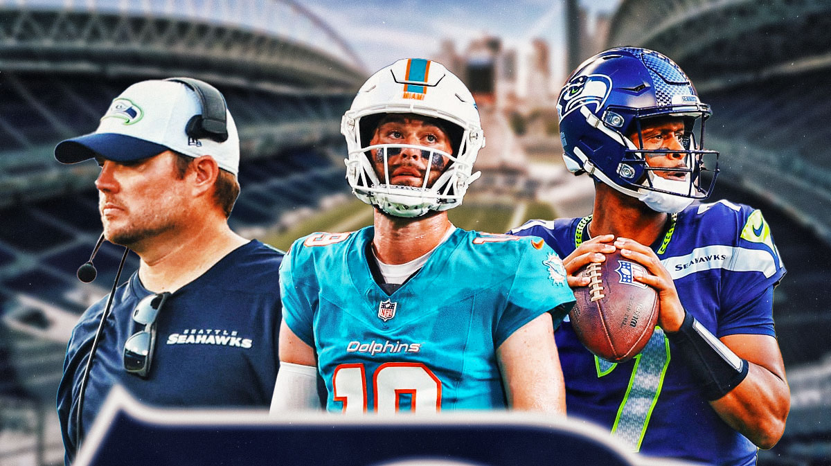 Skylar Thompson, Geno Smith, and Mike Macdonald in front of the Seahawks stadium