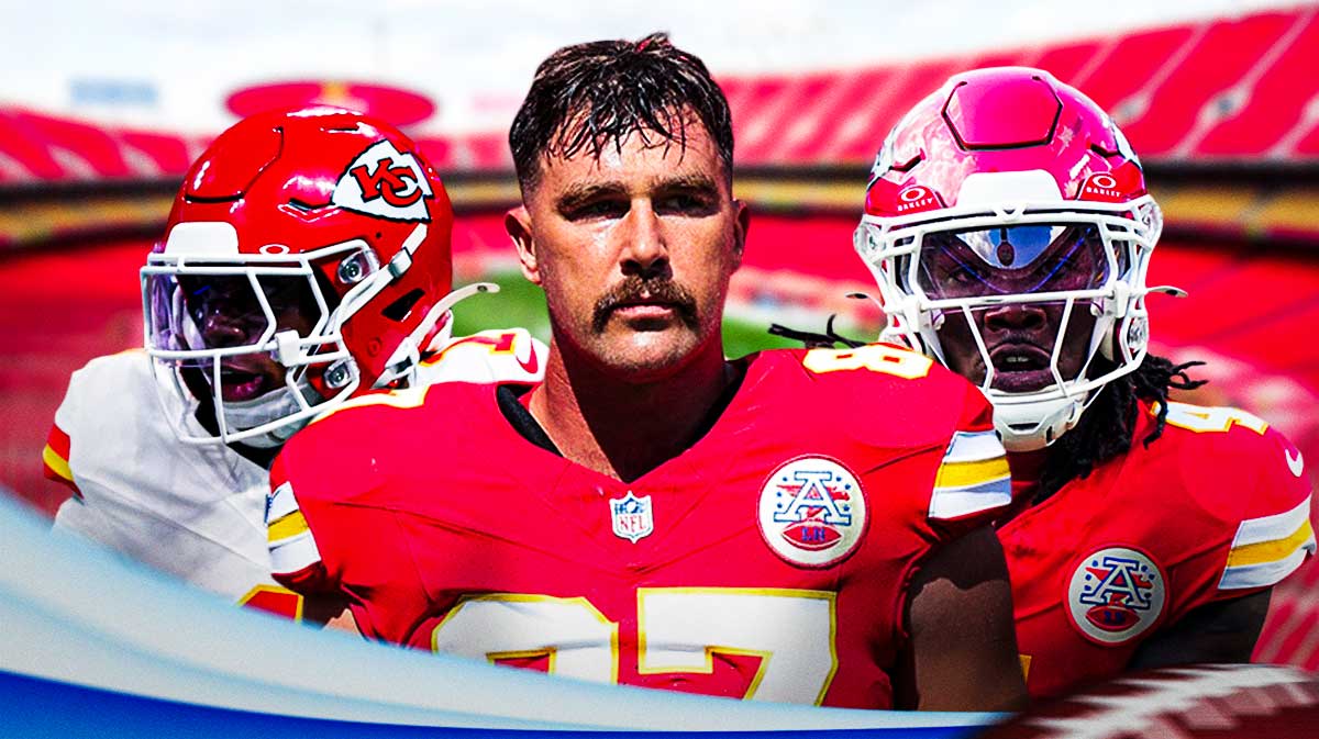 Travis Kelce on Chiefs. Xavier Worthy behind him and to right. Rashee Rice behind him to left