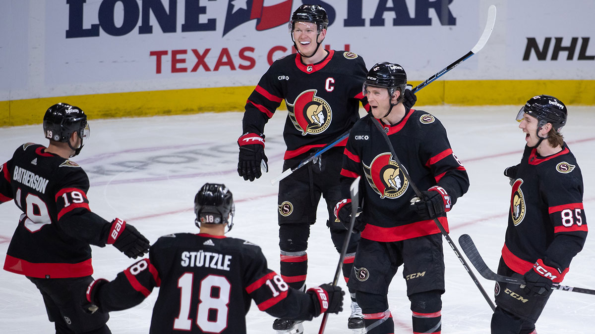 Ottawa Senators defenseman Jakob Chychrun (6) celebrates with team his goal scored in the third period against the Edmonton Oilers in the third period at the Canadian Tire Centre.