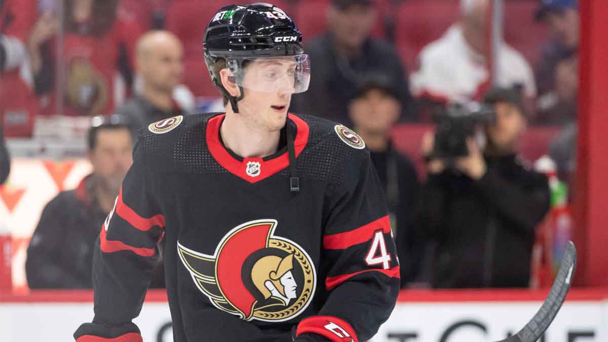 Ottawa Senators defenseman Tyler Kleven (43) warms up prior to game against the Philadelphia Flyers at the Canadian Tire Centre.