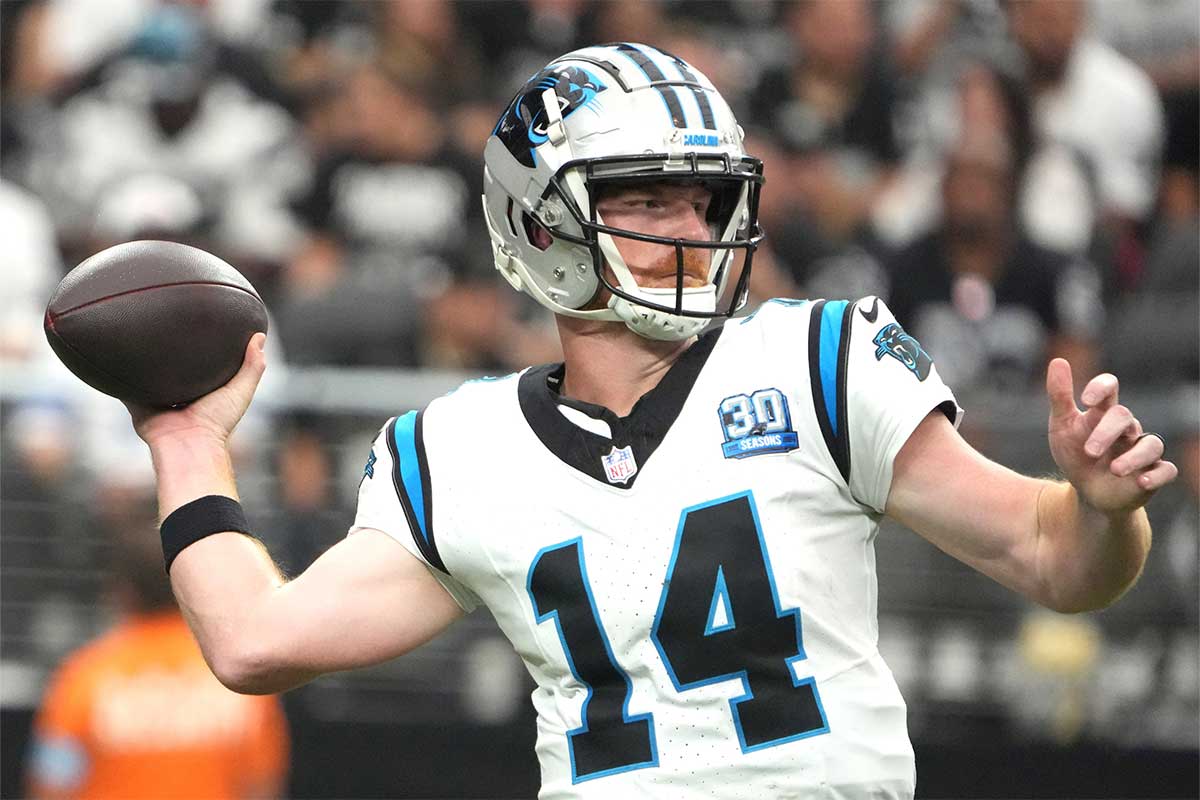 Carolina Panthers quarterback Andy Dalton (14) throws the ball against the Las Vegas Raiders in the first half at Allegiant Stadium.