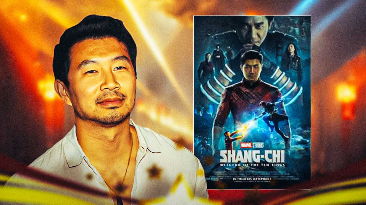 Marvel star Simu Liu with Shang-Chi and the Legend of the Ten Rings poster.