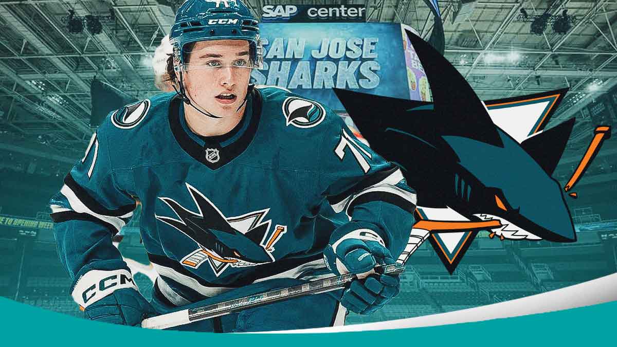 Sharks star Macklin Celebrini reacting to a goal against the Golden Knights.