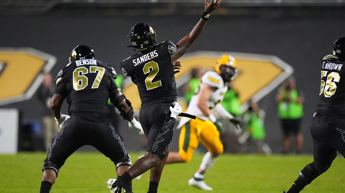 Colorado Buffaloes quarterback Shedeur Sanders (2) passes the ball in the second half against the North Dakota State Bison at Folsom Field.