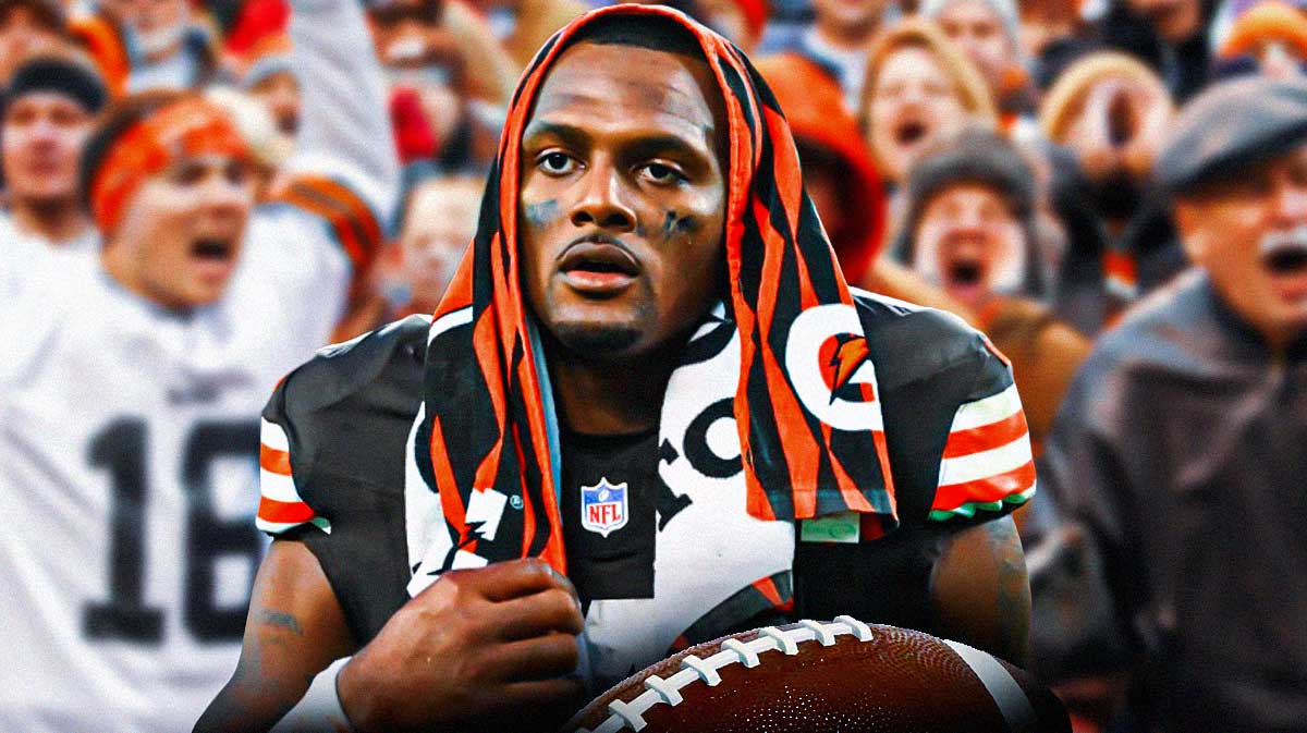 Quarterback Deshaun Watson with angry Cleveland Browns fans behind him