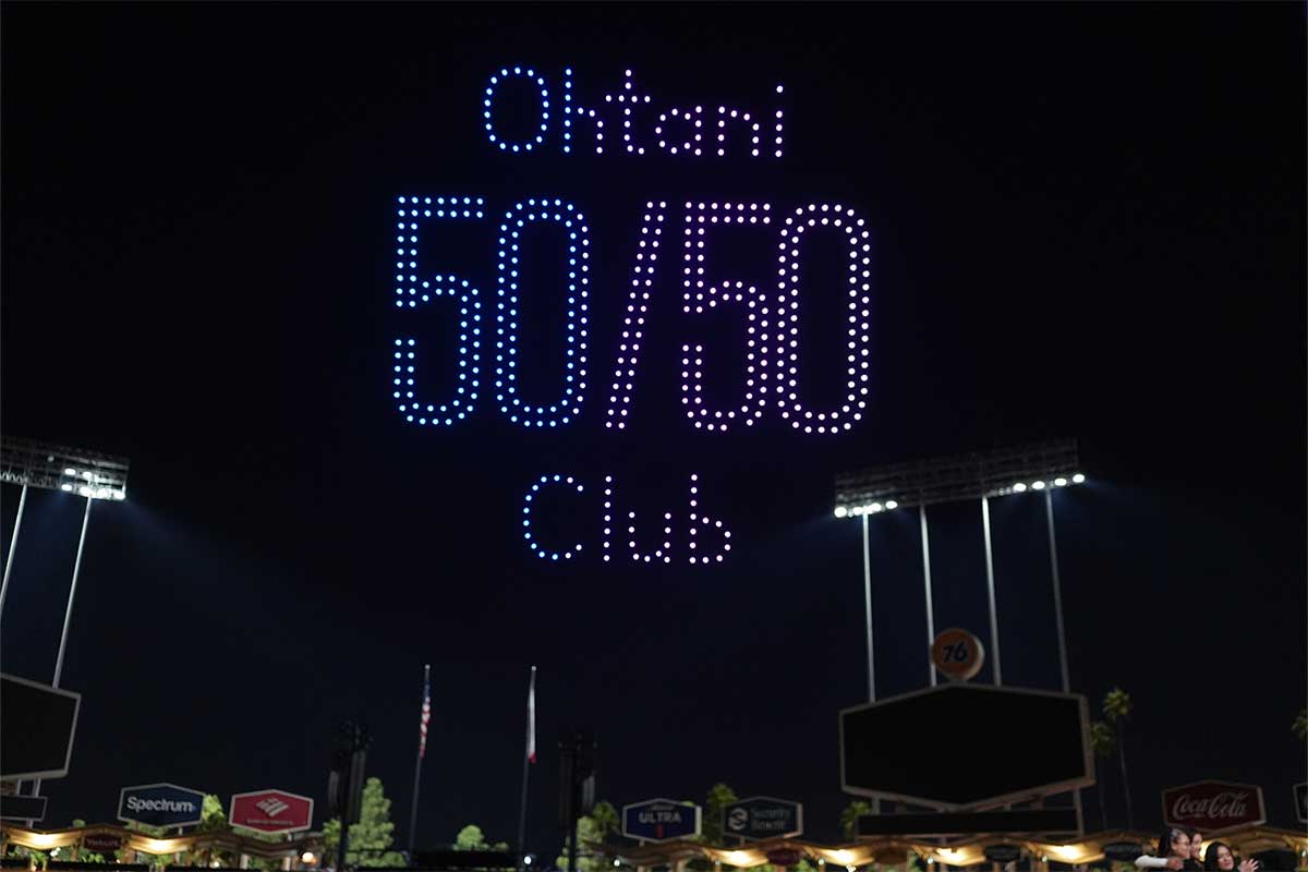 Los Angeles Dodgers designated hitter Shohei Ohtani is recognized for reaching the 50-50 club during a drone show for achieving 50 home runs and 50 stolen bases in a season at Dodger Stadium.