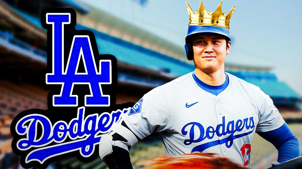 Los Angeles Dodgers player Shohei Ohtani smiling - LA Dodgers logo next to him with a crown hanging off the top