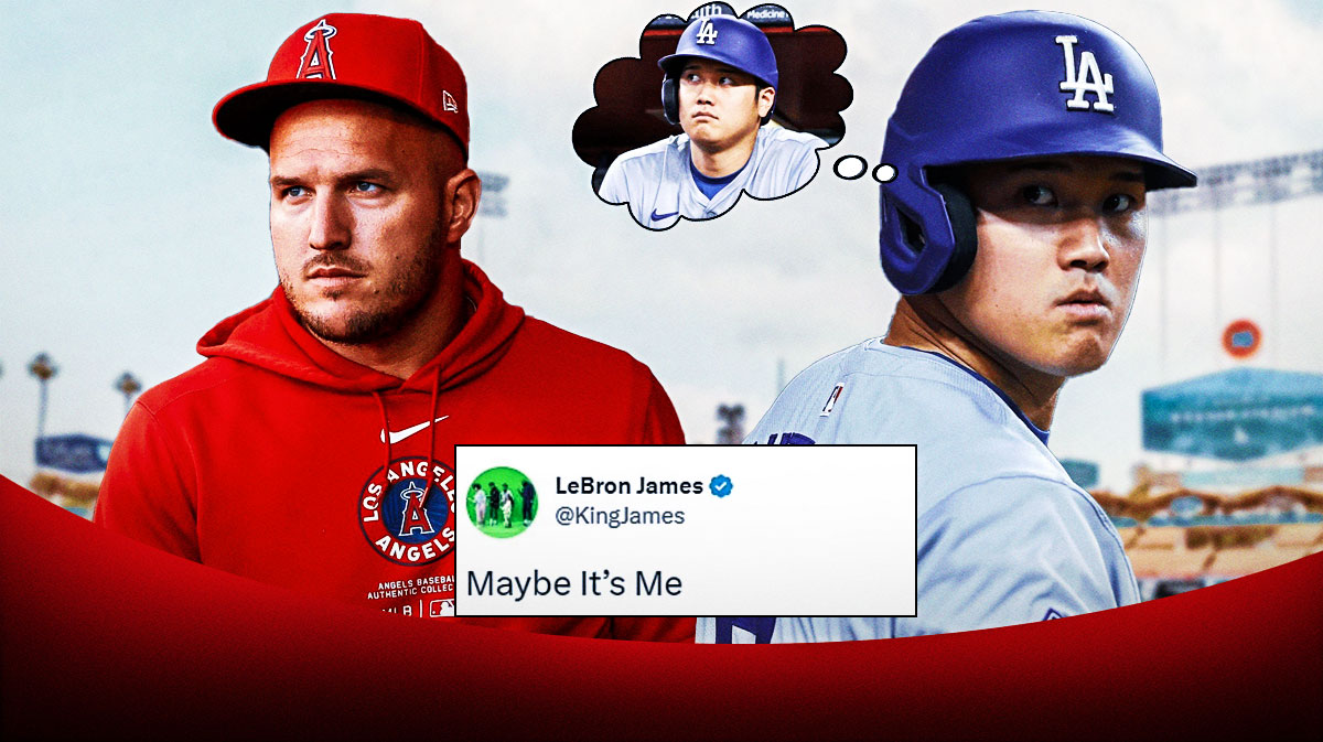 Dodgers' Shohei Ohtani looking at Angels' Mike Trout, with a screenshot of LeBron James' "Maybe It's Me" tweet