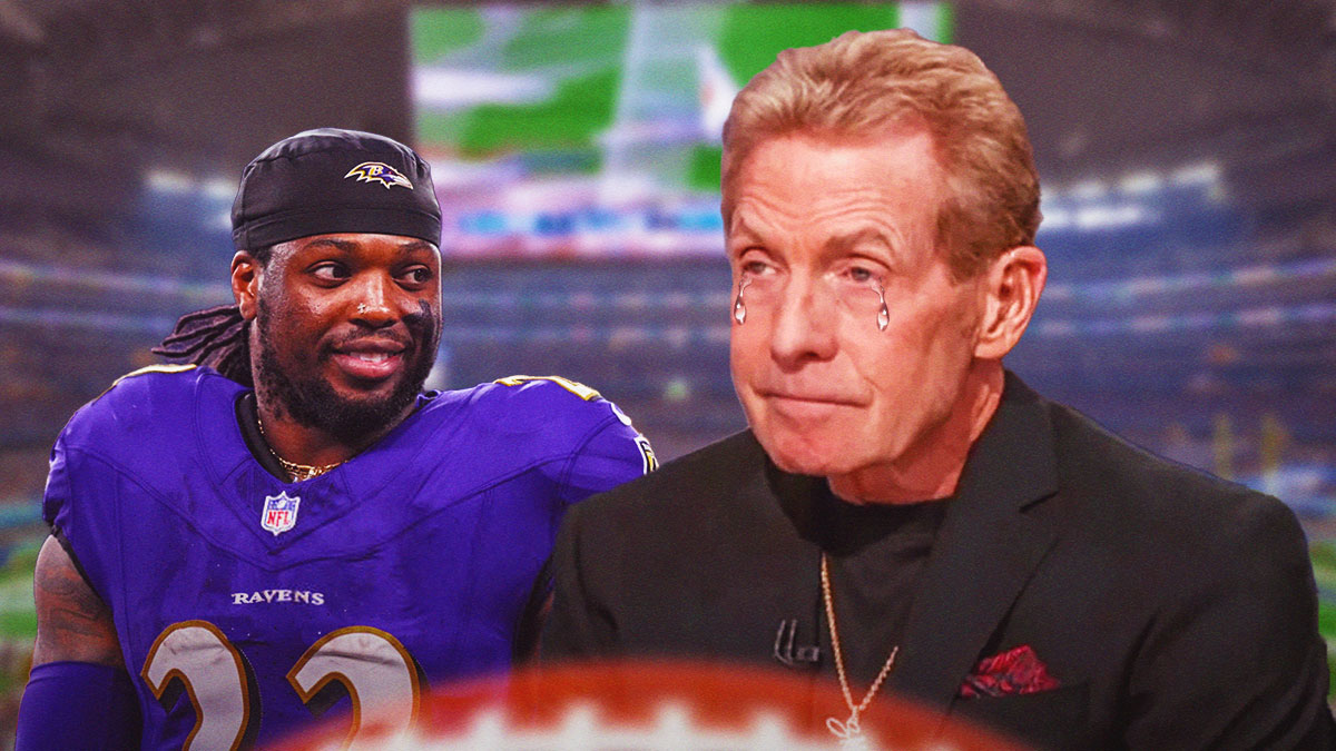 Skip Bayless with tears in his eyes with a smiling Derrick Henry in the background