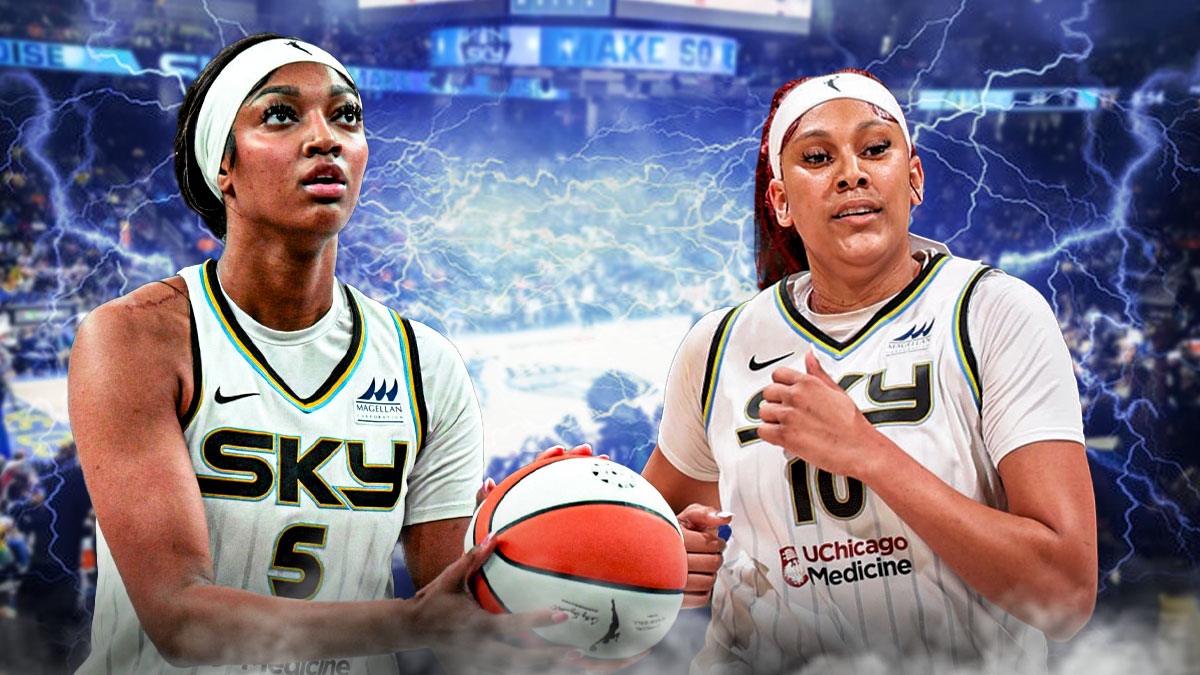 Sky pillars Angel Reese and Kamilla Cardoso with waves of electricity and Wintrust Arena in back