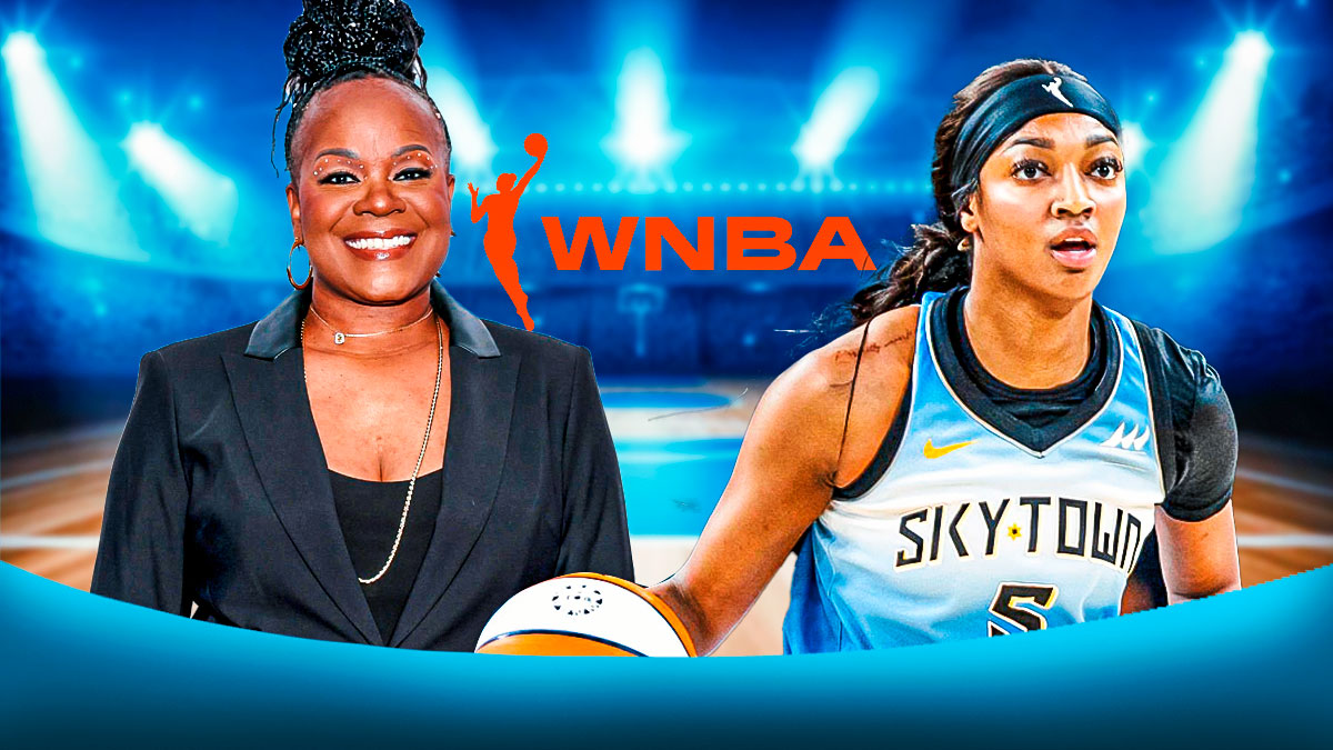 Sky forward Angel Reese next to Sheryl Swoopes & the WNBA logo