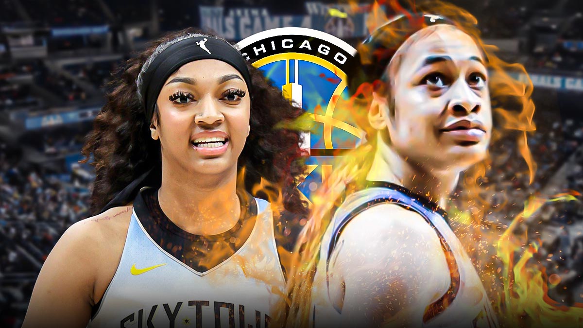Chicago Sky's Angel Reese next to Chennedy Carter and Sparks logo