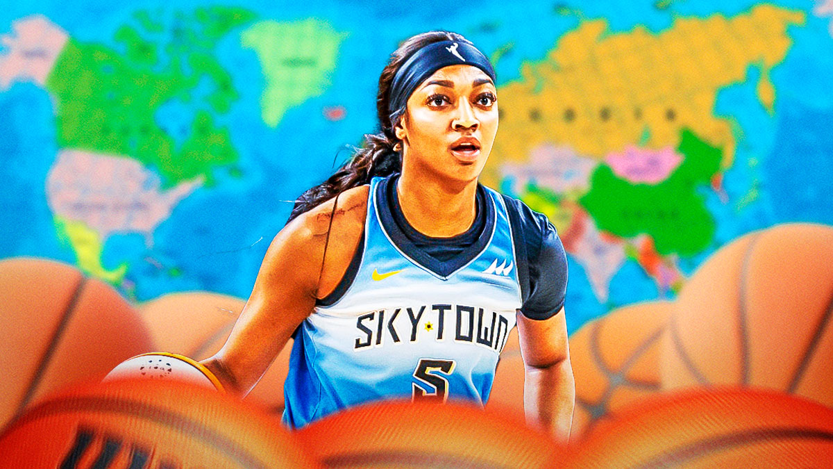 WNBA Chicago Sky player Angel Reese, with a world map in the background, and a bunch of basketballs