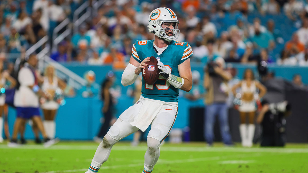 Miami Dolphins quarterback Skylar Thompson (19) looks for a passing option against the Buffalo Bills during the fourth quarter at Hard Rock Stadium.