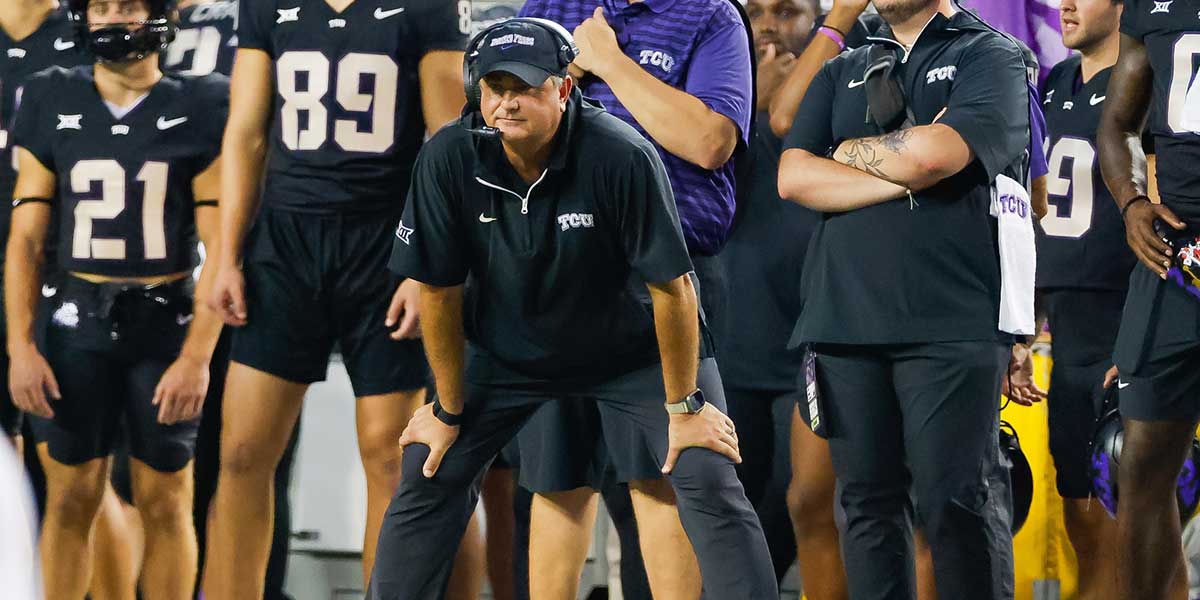 Sep 14, 2024; Fort Worth, Texas, USA; TCU Horned Frogs head coach Sonny Dykes looks on during the second quarter against the UCF Knights at Amon G. Carter Stadium. Mandatory Credit: Andrew Dieb-Imagn Images