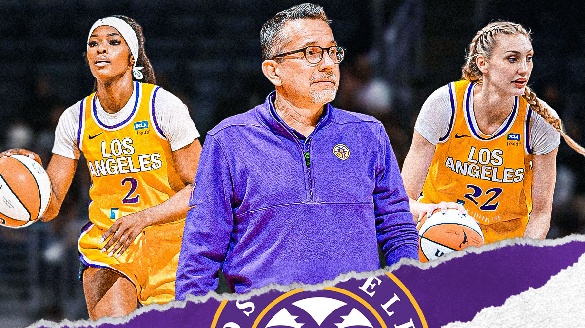 A current/recent image of LA Sparks coach Curt Miller alongside LA Sparks players Cameron Brink and Rickea Jackson