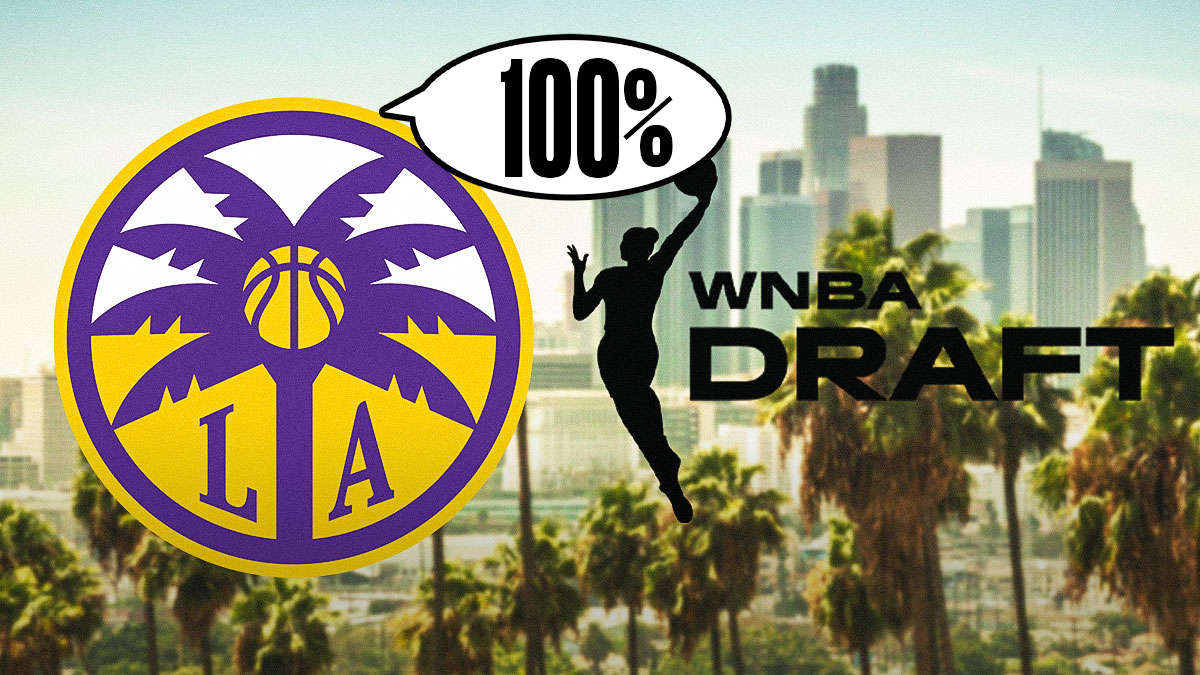 Los Angeles Sparks logo with a speech bubble saying "100%" beside logo of 2025 WNBA Draft