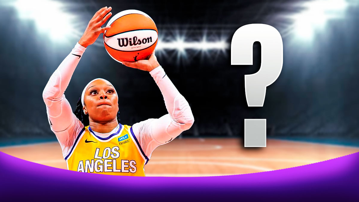 Sparks Odyssey Sims on left shooting a basketball. Question mark on right.