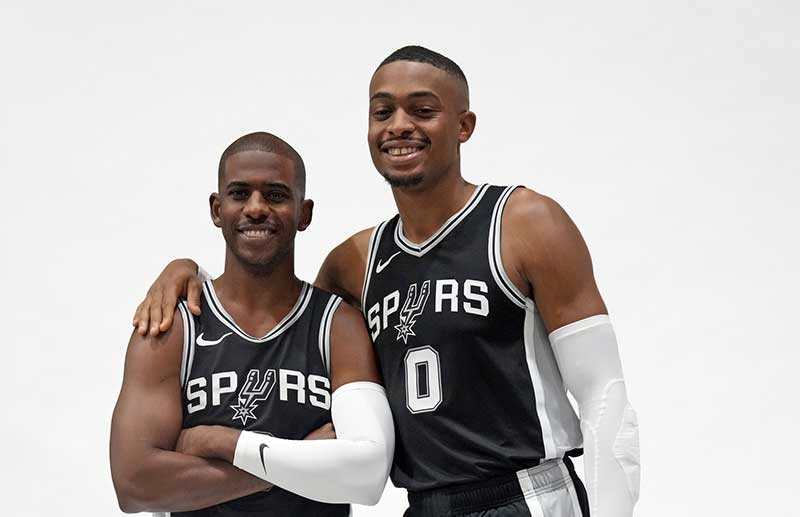 San Antonio Spurs guard Chris Paul (3) and forward Keldon Johnson (0) pose for photos during Media day at Victory Capital Performance Center in San Antonio.