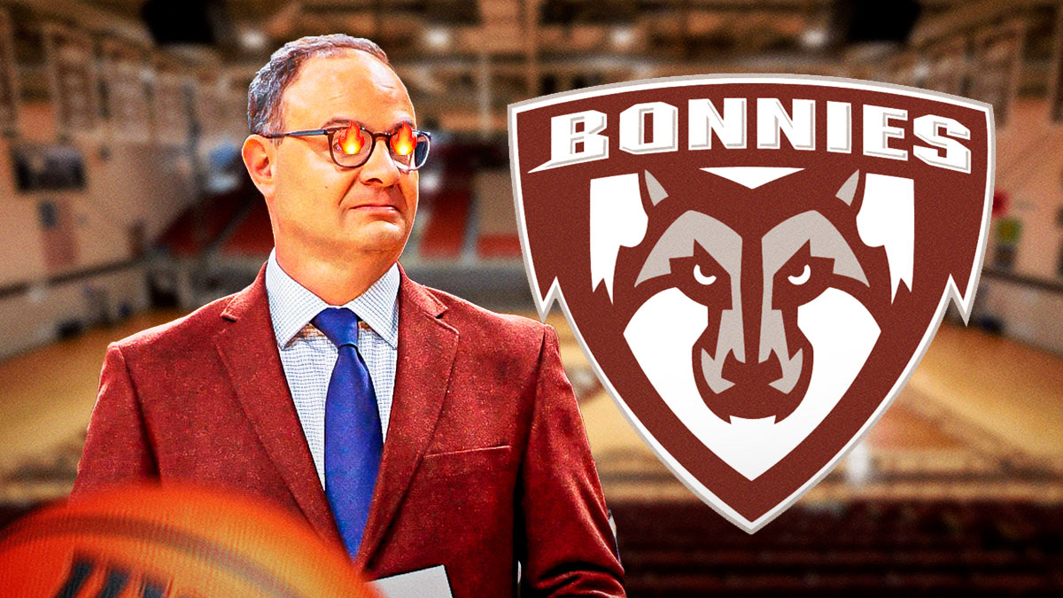 Adrian Wojnarowski with fire on his eyes. St. Bonaventure logo next to him
