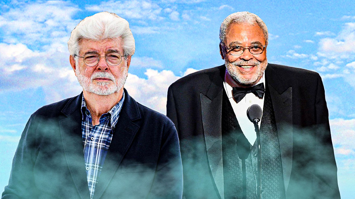 Star Wars creator George Lucas with James Earl Jones, who passed away on September 9, 2024, with clouds background.